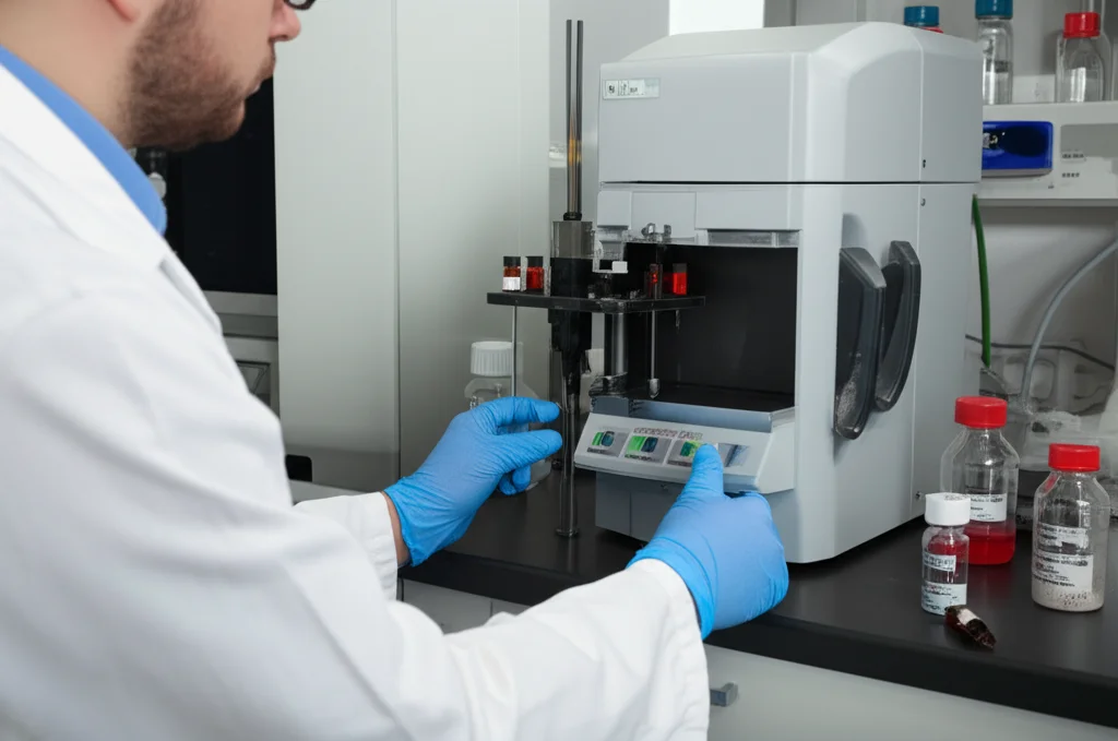 Un tecnico di laboratorio in camice bianco regola un apparato di foto-DSC. Sul banco, fiale contenenti liquidi colorati (i diluenti reattivi) e campioni di polvere. L'immagine, scattata con un obiettivo da 35mm, ha una profondità di campo che mette a fuoco il macchinario e sfoca leggermente lo sfondo, suggerendo un ambiente di ricerca scientifica avanzata.