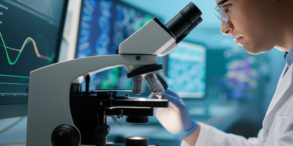 Ricercatore in un laboratorio moderno che osserva al microscopio campioni di tessuto uretrale, con schermi che mostrano sequenze di microRNA; illuminazione da laboratorio precisa, obiettivo macro 100mm per dettaglio sui campioni, sfondo leggermente sfocato per concentrarsi sull'azione.