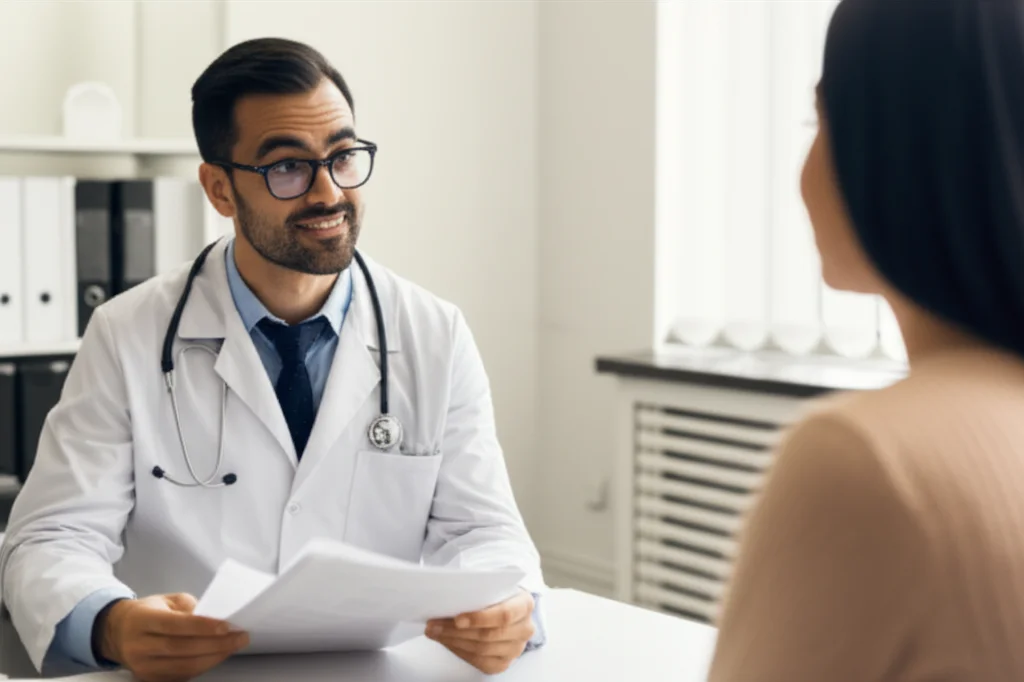 Un medico oncologo, con fare empatico e rassicurante, mostra dei documenti a una paziente seduta di fronte a lui in uno studio medico. La luce è naturale e soffusa, creando un'atmosfera di fiducia. Fotografia ritratto, obiettivo 35mm, profondità di campo per mettere a fuoco i volti, toni caldi.