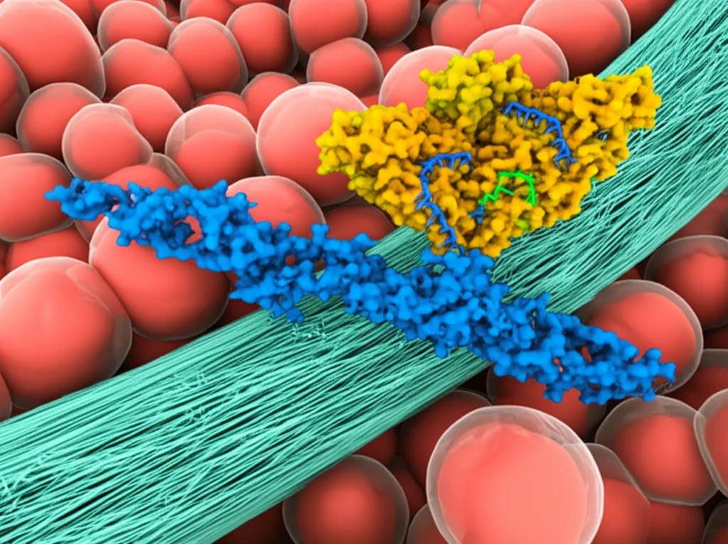 Illustrazione 3D di molecole di microRNA-133a-3p che interagiscono con TGF-β1 e Collagene III all'interno di una cellula stilizzata del tessuto uretrale, colori vivaci per distinguere le molecole, obiettivo macro 60mm, illuminazione controllata per evidenziare le interazioni molecolari.