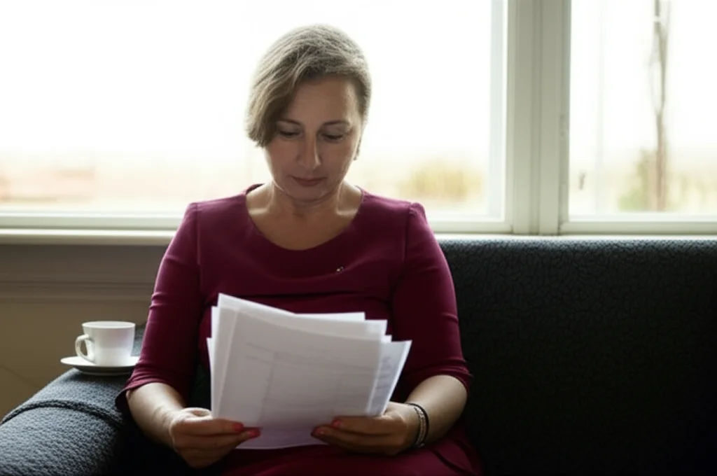 Una paziente oncologica di mezza età, seduta su una poltrona in un ambiente domestico confortevole, legge attentamente dei documenti medici. Accanto a lei, una tazza di tè. L'espressione è concentrata ma serena. Fotografia still life, obiettivo macro 60mm per dettaglio sui documenti e sulle mani, luce naturale da una finestra laterale.