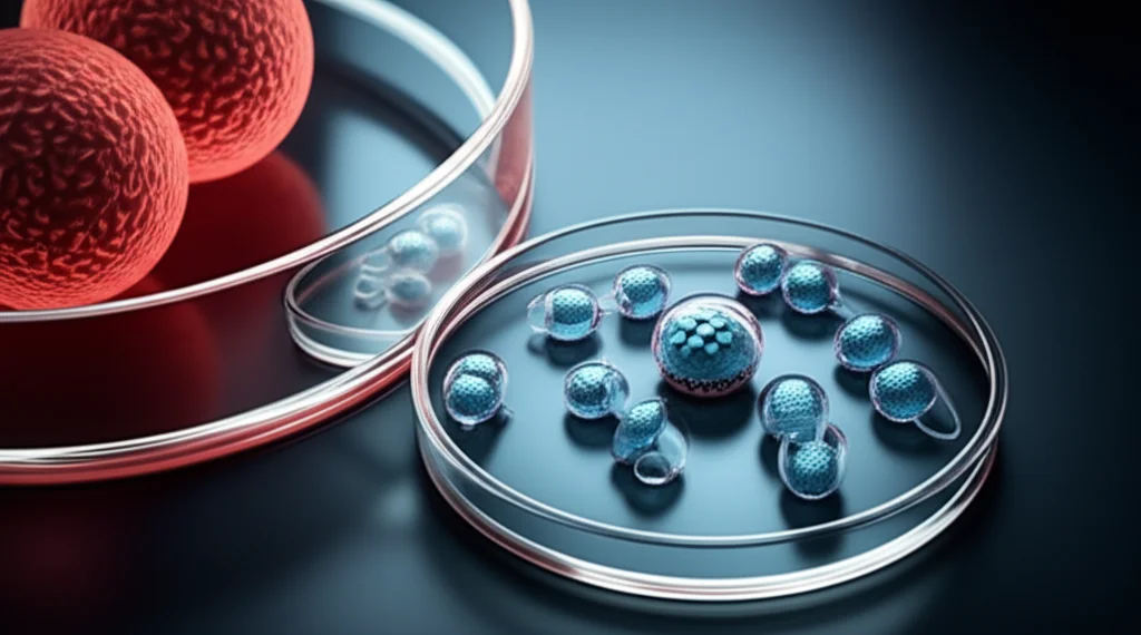 La natura morta concettuale, le lenti macro da 60 mm, che mostra vettori e esosomi del virus adeno-associato (AAV) come veicoli di consegna per lncRNA, con uno sfondo che suggerisce bersagli cellulari o processi rigenerativi, dettagli elevati, concentrazione precisa, illuminazione controllata.