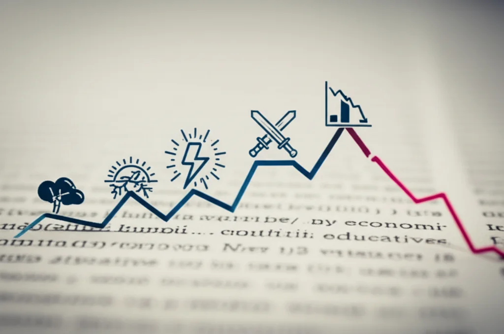 Un grafico stilizzato che mostra una linea ascendente rappresentante la priorità educativa, con icone simboleggianti diversi tipi di crisi (un fulmine per disastri naturali, due spade incrociate per conflitti, un grafico in discesa per crisi economiche) posizionate lungo l'asse temporale, ognuna corrispondente a un picco nella linea della priorità educativa. Macro lens, 60mm, high detail, precise focusing, controlled lighting, sfondo neutro.