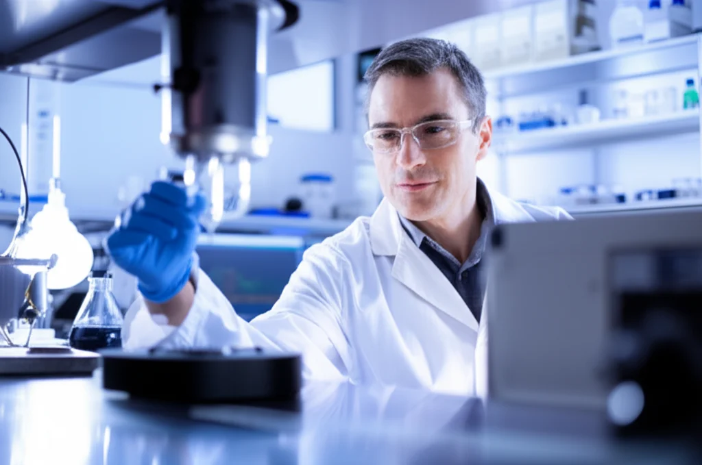 Un tecnico di laboratorio in camice bianco analizza piccoli campioni di materiali da costruzione museali con uno spettrometro di massa high-tech in un ambiente di laboratorio pulito e moderno. Macro lens, 80mm, high detail, precise focusing, controlled lighting, luce fredda e riflessi metallici sulle attrezzature.