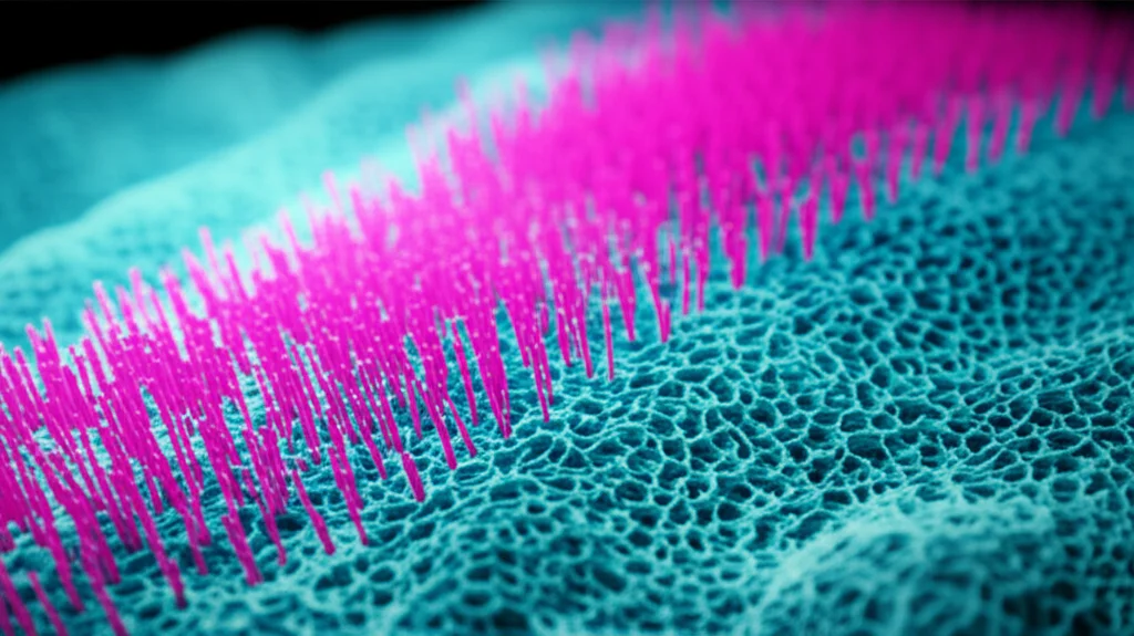 Visualizzazione 3D fotorealistica di un'onda di differenziazione cellulare che si propaga attraverso un tessuto mesenchimale embrionale, con cellule che cambiano colore e densità da magenta (indifferenziate) a ciano (differenziate, osteoblasti), creando un gradiente di rigidità visibile come una texture più compatta, illuminazione volumetrica, obiettivo 35mm, profondità di campo che sfoca le regioni distanti.