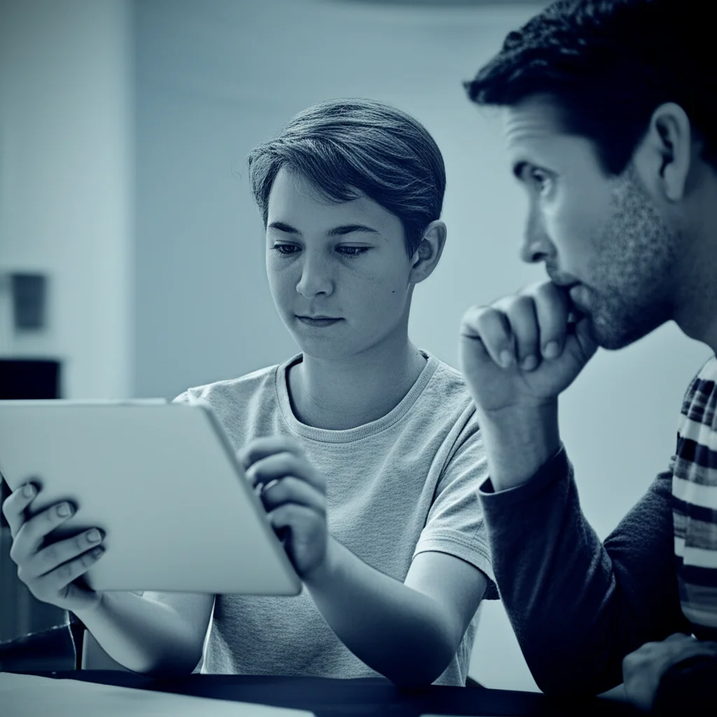 Fotografia di ritratto, obiettivo da 35mm, che mostra due individui affiancati: un adolescente concentrato con un'espressione leggermente perplessa mentre osserva un complesso labirinto su un tablet, e un adulto calmo che guarda pensieroso lo stesso labirinto, forse intravedendo un percorso più chiaro. Effetto duotone, blu e grigio, con profondità di campo per evidenziare le loro espressioni e il contrasto tra approcci cognitivi.