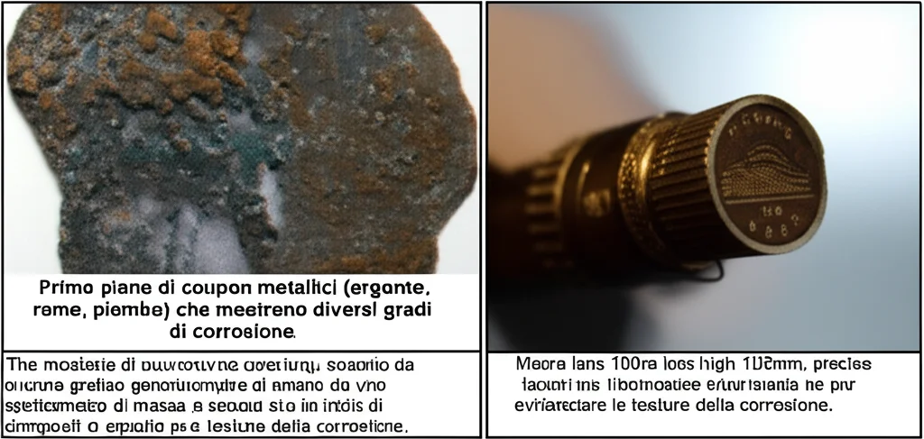 Primo piano di coupon metallici (argento, rame, piombo) che mostrano diversi gradi di corrosione, accanto a un grafico generato da uno spettrometro di massa che indica picchi di composti organici volatili. Macro lens, 100mm, high detail, precise focusing, illuminazione da studio per evidenziare le texture della corrosione.