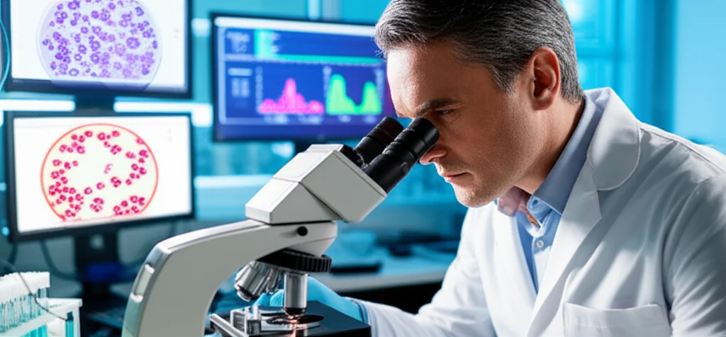 Un ricercatore in un laboratorio moderno analizza campioni di sangue al microscopio, con schermi che mostrano dati e grafici relativi ai livelli di neutrofili, monociti e linfociti. Macro lens, 60mm, high detail, precise focusing, controlled lighting.