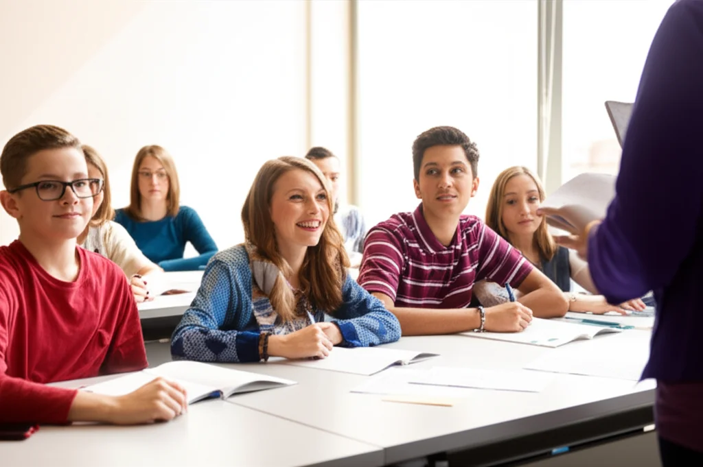 Un'immagine grandangolare, obiettivo da 10mm, di un gruppo eterogeneo di giovani adolescenti (10-14 anni) impegnati in un'attività di apprendimento collaborativo in un'aula moderna e luminosa. Un insegnante facilita la discussione. Lunga esposizione per suggerire un apprendimento dinamico, con focus nitido sui volti attenti e coinvolti degli studenti, a simboleggiare le implicazioni educative dello studio.