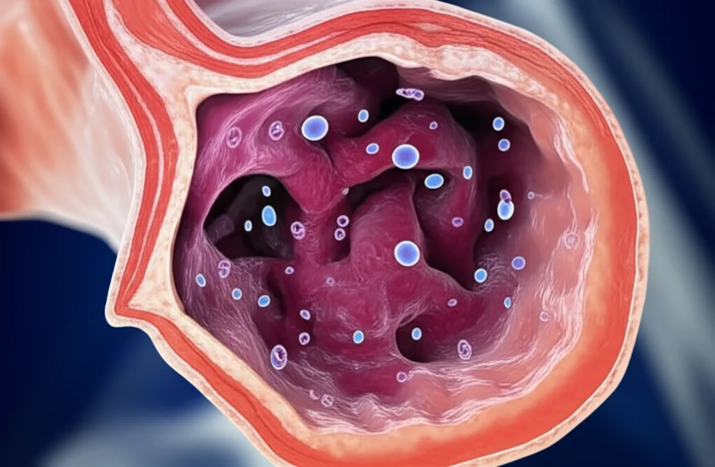Illustrazione medica dettagliata che mostra l'esofago con un tumore in stadio avanzato, con evidenziazione delle cellule infiammatorie (neutrofili, monociti, linfociti) nel microambiente tumorale. Prime lens, 35mm, depth of field, illuminazione drammatica.