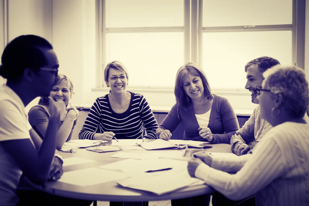 Un gruppo eterogeneo di insegnanti e caregiver, alcuni di etnia latina e africana, seduti attorno a un tavolo rotondo in un'aula scolastica luminosa e accogliente. Stanno discutendo animatamente, con fogli e penne sparsi sul tavolo, alcuni sorridono. L'atmosfera è collaborativa e positiva. Fotografia di ritratto, obiettivo da 35mm, luce naturale diffusa che entra da una finestra, profondità di campo media per mantenere a fuoco i volti e le interazioni, duotone seppia e blu per un effetto caldo e riflessivo.