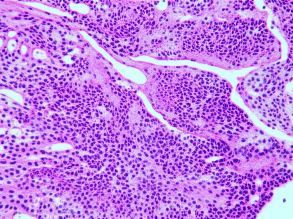 Fotomicrografia ad alta definizione di un glomerulo renale, obiettivo macro 100mm, con colorazione immunoistochimica che evidenzia le cellule CD68+ (macrofagi) in rosso brillante infiltrate nella struttura. L'illuminazione è controllata per massimizzare il contrasto e i dettagli cellulari, mostrando chiaramente l'infiltrazione infiammatoria.