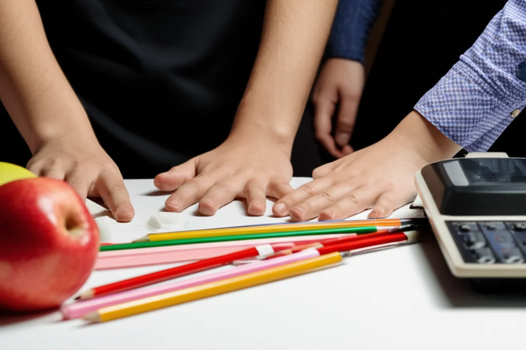 Primo piano di mani diverse – adulte e di bambino, di varie tonalità di pelle – che lavorano insieme su un tavolo con oggetti scolastici come matite, gomme, un piccolo righello e forse un frutto, accanto a una bilancia da cucina. L'attenzione è sui gesti di misurazione e collaborazione. Obiettivo macro da 60mm, alta definizione dei dettagli, illuminazione controllata per evidenziare le texture degli oggetti e delle mani.