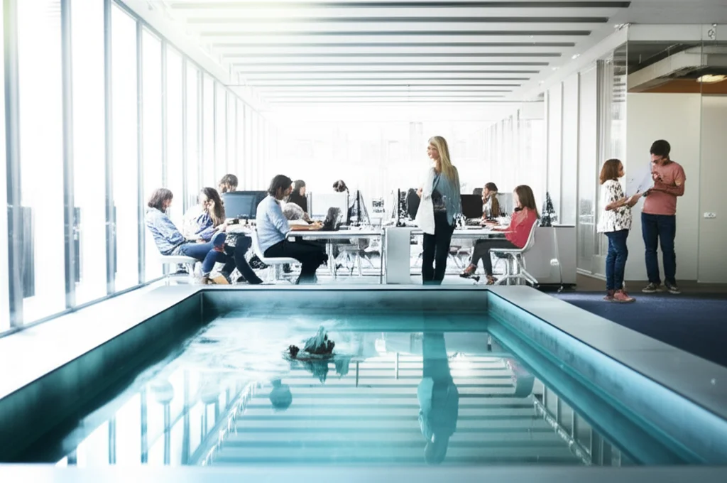 Un gruppo diversificato di persone di mezza età in un ambiente di lavoro flessibile e moderno, alcuni lavorano al computer, altri discutono in piccoli gruppi. L'atmosfera è collaborativa e supportiva. Obiettivo grandangolare 24mm per catturare l'ambiente, luce brillante e positiva, effetto 'smooth water' su un piccolo elemento d'acqua decorativo nell'ufficio per simboleggiare la fluidità.