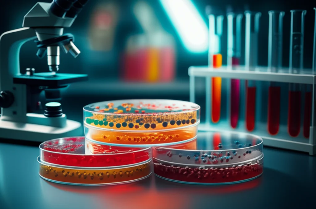 Immagine di piastre di Petri con colonie microbiche dai colori vivaci in un laboratorio di ricerca, con un microscopio e provette sullo sfondo sfocato per profondità di campo, luce da laboratorio diffusa e controllata, obiettivo prime 50mm.
