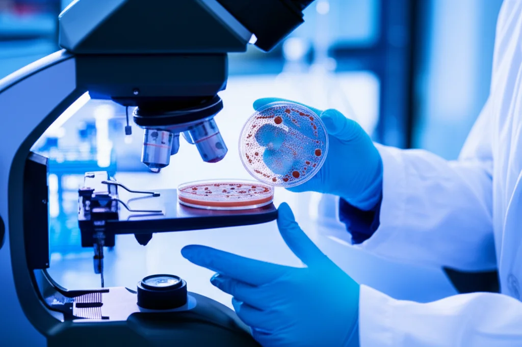 Lenti macro, 90 mm, dettagli elevati, messa a fuoco precisa, illuminazione controllata, che mostrano le mani guanti di uno scienziato che gestiscono con cura una piastra di Petri con colture cellulari al microscopio in un moderno ambiente di laboratorio, con illuminazione morbida e diffusa, trasmettendo la natura meticolosa della ricerca sul cancro.