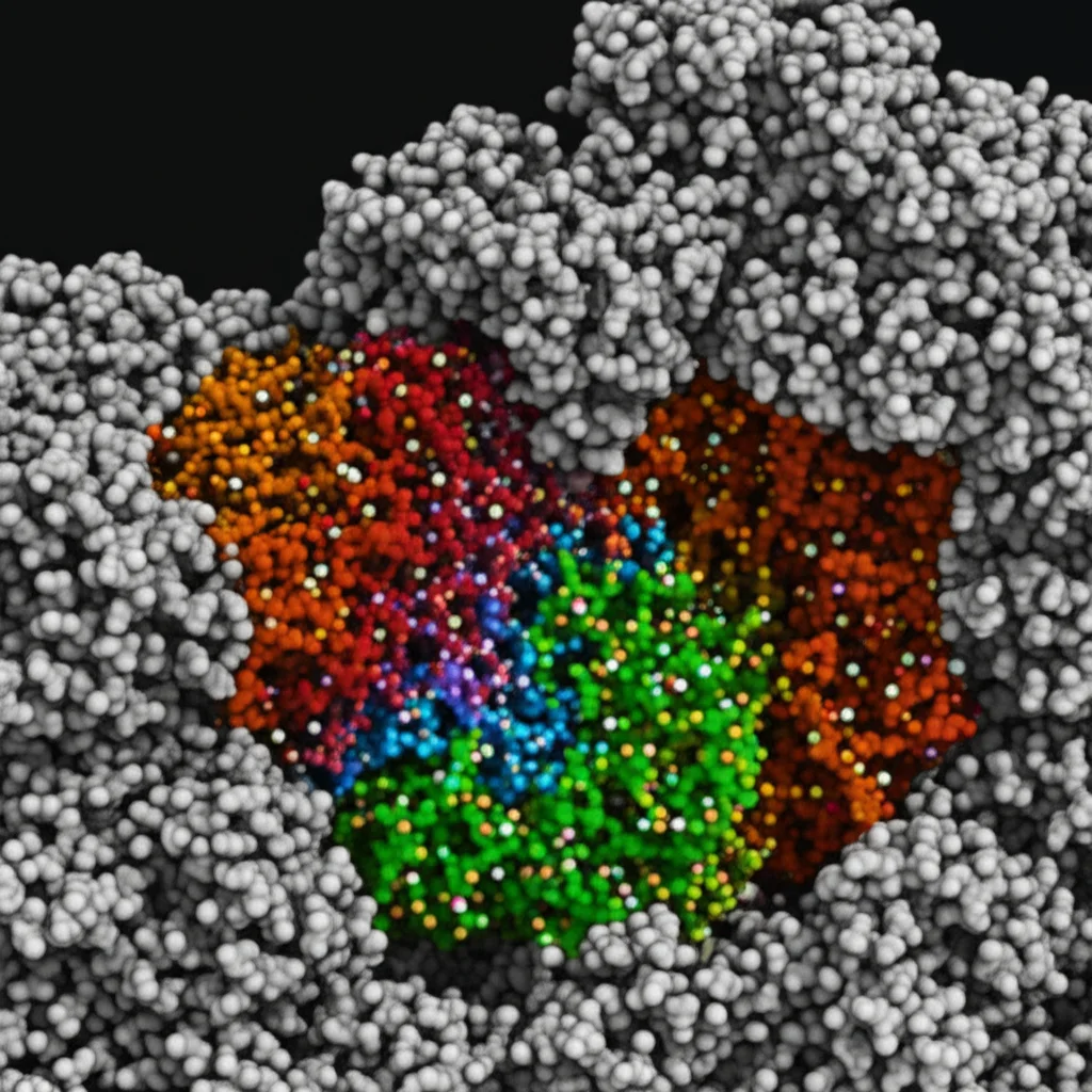 Visualizzazione 3D astratta di una molecola enzimatica (Ni-CODH) che interagisce con molecole di monossido di carbonio, colori vivaci su sfondo scuro per evidenziare l'interazione, illuminazione drammatica, dettaglio elevato.