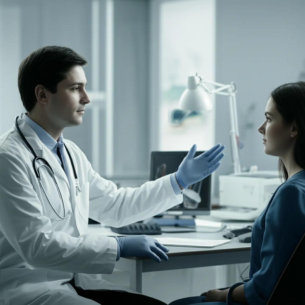 Lente principale, 35 mm, profondità di campo, duotone (blu e grigio caldo), un medico compassionevole in un cappotto bianco che spiega delicatamente una tabella medica a una paziente in una sala clinica luminosa e moderna, che trasmette un senso di speranza, supporto e natura collaborativa degli studi clinici.