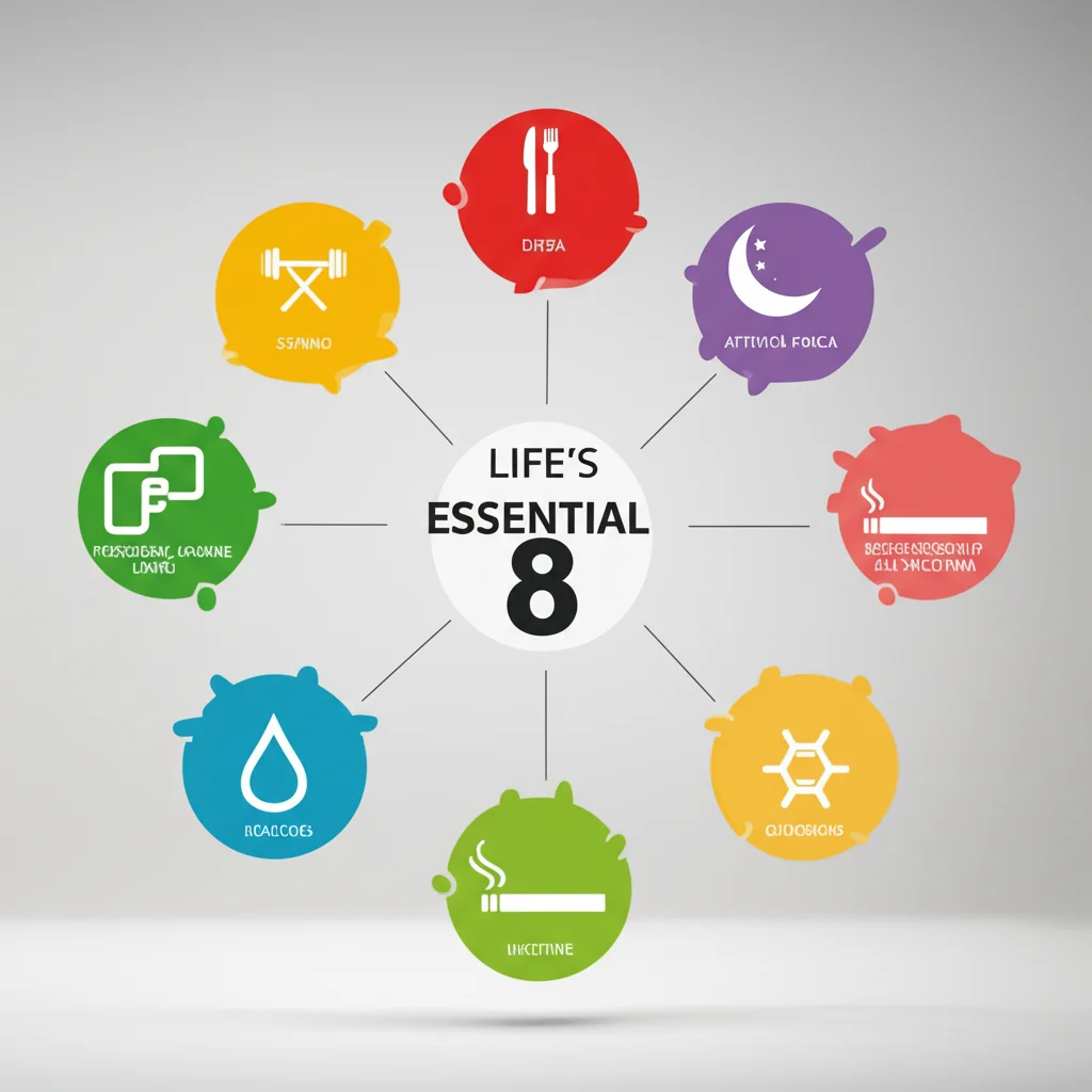 Un grafico stilizzato che mostra gli 8 componenti di Life's Essential 8, con icone per dieta, attività fisica, sonno, esposizione alla nicotina, IMC, lipidi, glucosio e pressione sanguigna. Lo sfondo è neutro, con illuminazione da studio. Un obiettivo macro da 90mm è usato per evidenziare i dettagli delle icone, creando un'immagine ad alta definizione e precisa.