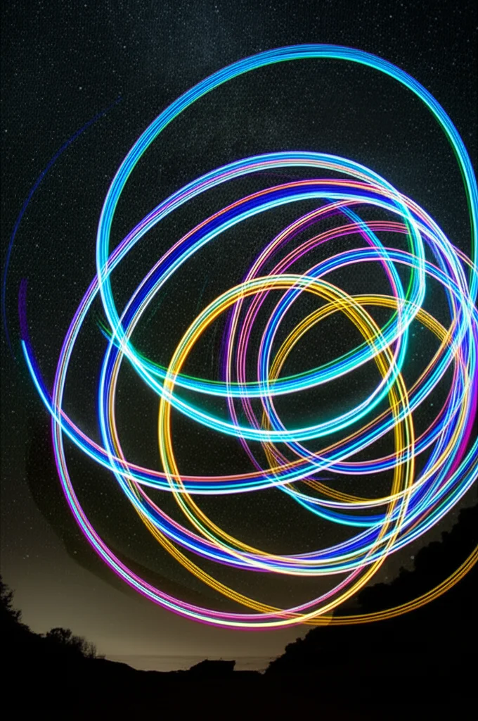 Paesaggio grandangolare, 15 mm, lunga esposizione, che mostrano linee fluide di luce colorata che rappresentano il lisciatura su un paesaggio testuale complesso e astratto fatto di parole, focalizzarsi in modo forte sui motivi emergenti di luce, con un cielo stellato sullo sfondo.