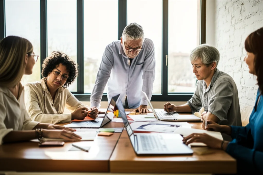 Un gruppo eterogeneo di adulti in un ambiente di apprendimento collaborativo, che discutono animatamente attorno a un tavolo con laptop aperti e appunti, simboleggiando la dimensione critica e di co-creazione delle competenze digitali. Obiettivo zoom 24-70mm, luce naturale da una finestra laterale, colori vividi, espressioni concentrate e partecipi.