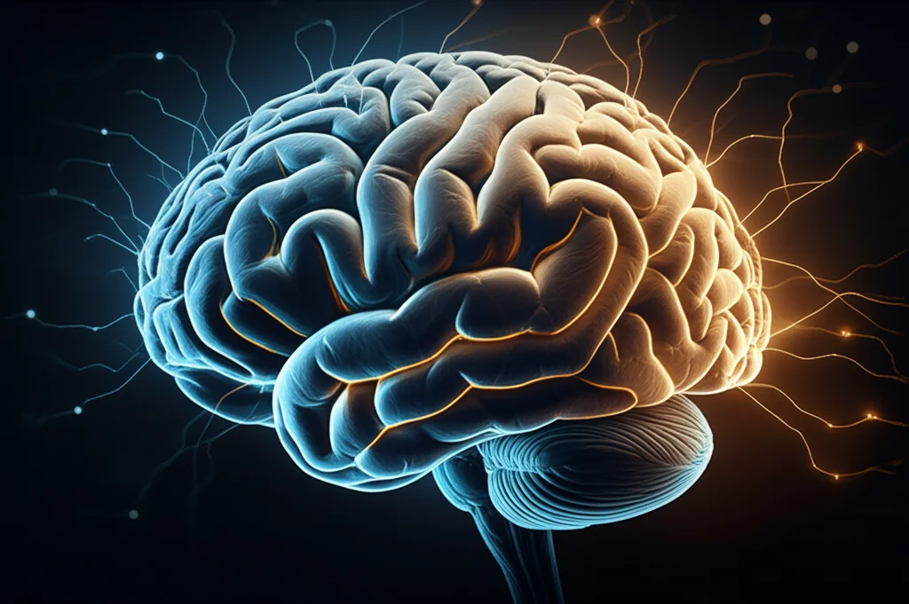 Fotografia concettuale di un cervello di scimmia con la corteccia prefrontale illuminata, a simboleggiare l'attività neurale durante un compito di memoria di lavoro. Utilizzo di un obiettivo grandangolare da 20mm per dare un senso di profondità e complessità, con scie luminose che rappresentano i percorsi neurali attivati. Colori blu e oro duotone per un effetto scientifico ed elegante.