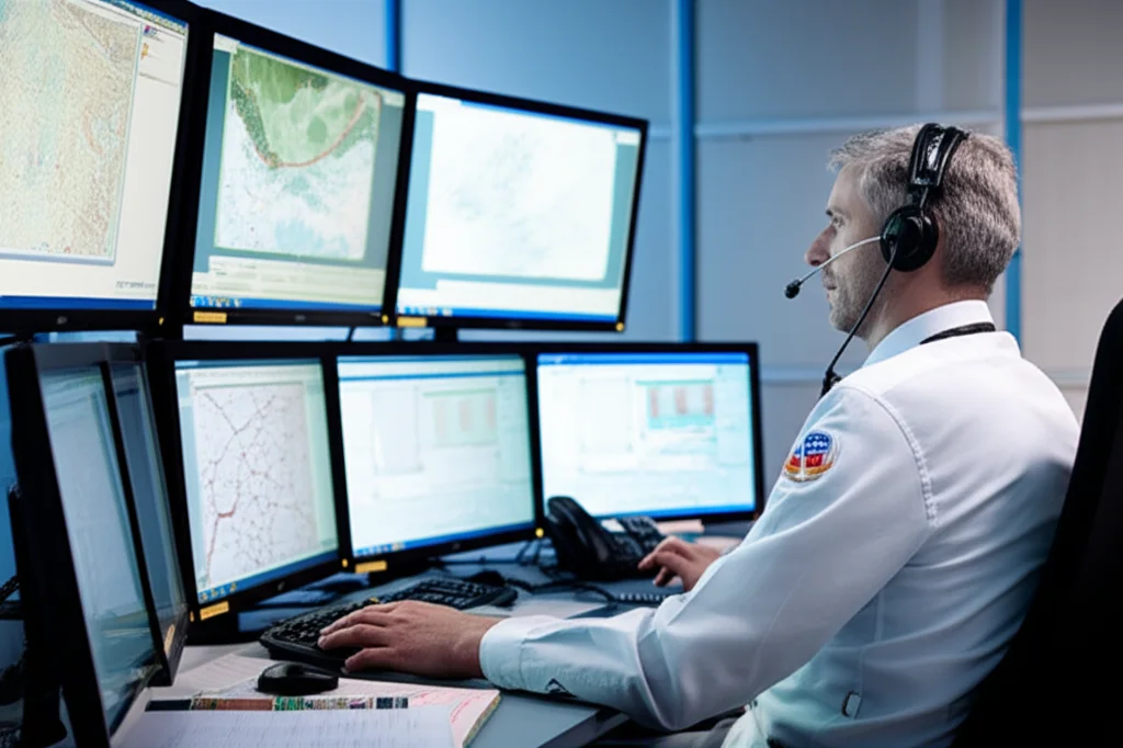 Fotografia realistica di un interno di un Centro di Comunicazione Medica d'Emergenza (EMCC) norvegese, con un medico HEMS seduto a una console dedicata, che interagisce con un operatore. Schermi multipli mostrano mappe, dati e comunicazioni. Obiettivo prime, 35mm, profondità di campo, illuminazione da ufficio ma con focus sui volti concentrati, toni leggermente freddi per un'atmosfera professionale.
