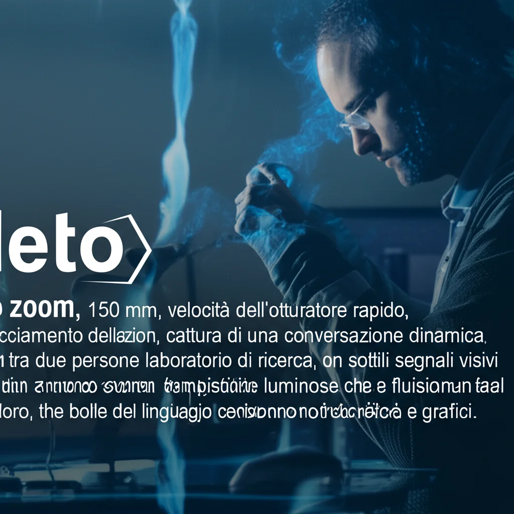 Teleto zoom, 150 mm, velocità dell'otturatore rapido, tracciamento dell'azione, cattura di una conversazione dinamica tra due persone in un moderno laboratorio di ricerca, con sottili segnali visivi di onde sonore e tempistiche luminose che fluiscono tra loro, le bolle del linguaggio contengono nuvole di parole e piccoli grafici.