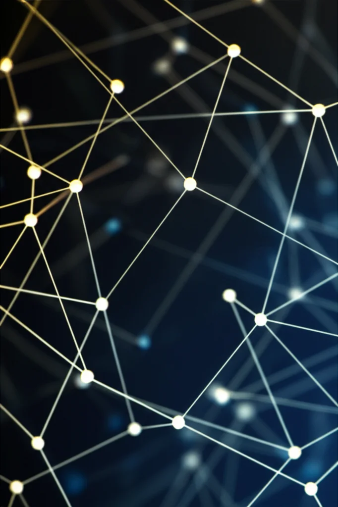 Visualizzazione astratta di punti luminosi interconnessi da linee sottili su uno sfondo scuro, a simboleggiare le complesse relazioni tra punti e polinomi nello spazio proiettivo. Macro lens, 80mm, high detail, illuminazione da studio controllata per enfatizzare le texture e le connessioni, duotone blu scuro e giallo oro.