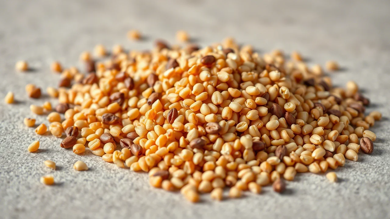 Fotografia macro di diverse varietà di chicchi di miglio etiope, 90mm, illuminazione da studio controllata per massimizzare i dettagli, mostrando la diversità di colore e forma, su una superficie neutra.