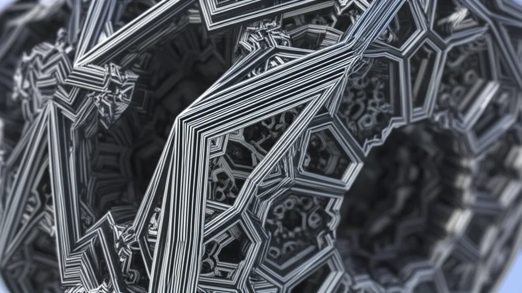 Un primo piano di una complessa struttura geometrica frattale tridimensionale, che evoca l'idea di spazi proiettivi e la natura intricata delle potenze simboliche. Macro lens, 100mm, high detail, precise focusing, illuminazione laterale per creare ombre profonde e accentuare la tridimensionalità.