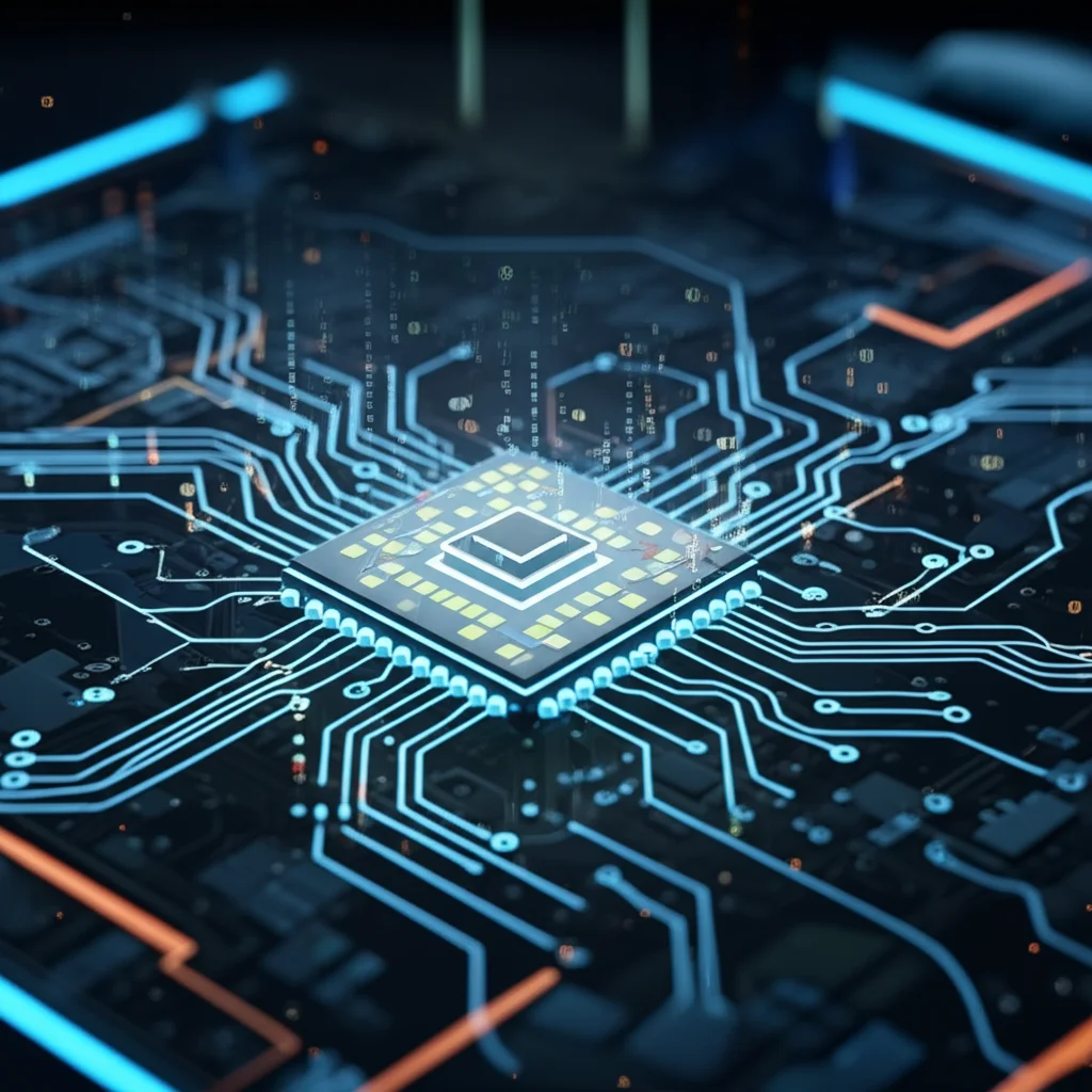 Un'immagine concettuale astratta che rappresenta un autoencoder quantistico al lavoro. Si vedono qubit luminosi che processano flussi di dati (serie temporali stilizzate) in un ambiente high-tech, con un focus macro su alcuni qubit che si comprimono e poi si espandono, illuminazione controllata per evidenziare i dettagli dei circuiti quantistici, obiettivo macro 80mm.