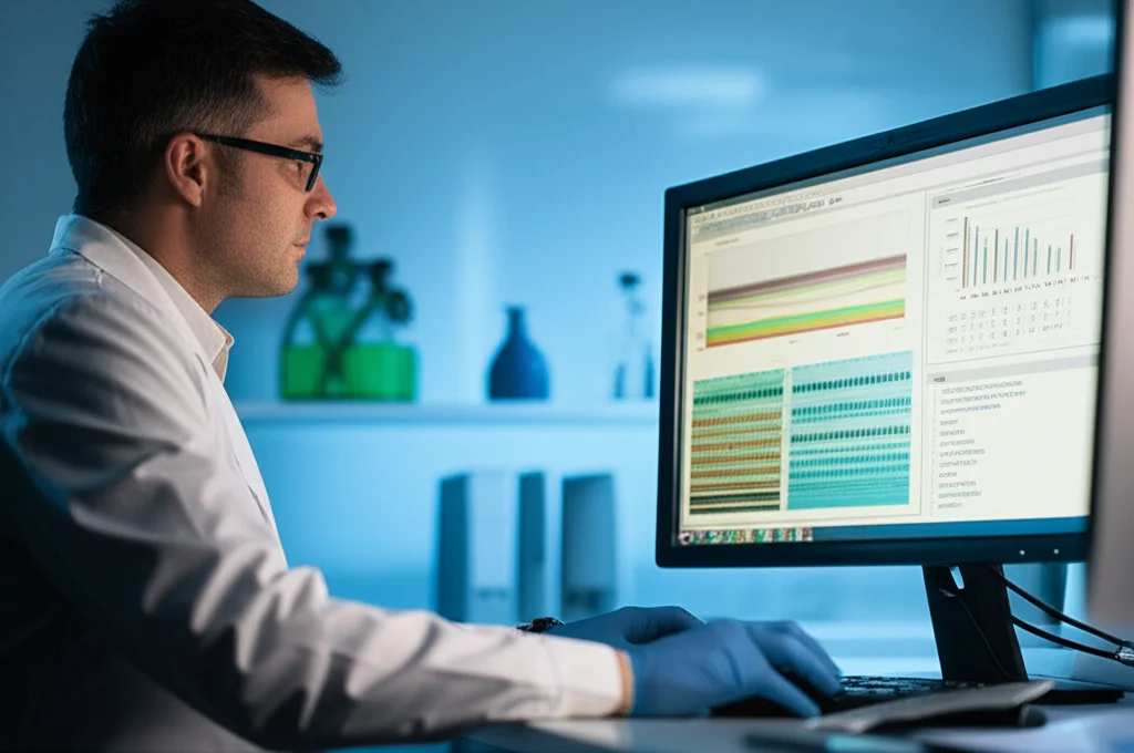 Ricercatore in un laboratorio moderno che analizza dati genetici del miglio su un computer, obiettivo prime 35mm, profondità di campo con focus sullo schermo che mostra grafici di GWAS e sequenze di DNA, ambiente high-tech.