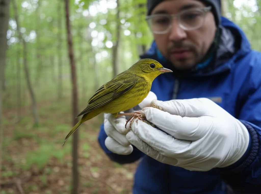 Ricercatori scientifici in un ambiente boschivo, macro lens 70mm, mentre marcano con cura un piccolo uccello con un anellino colorato alla zampa prima di rilasciarlo, luce naturale filtrata dagli alberi, alta definizione, focus preciso sull'uccello e sulle mani guantate del ricercatore, sfondo leggermente sfocato per enfatizzare il soggetto.
