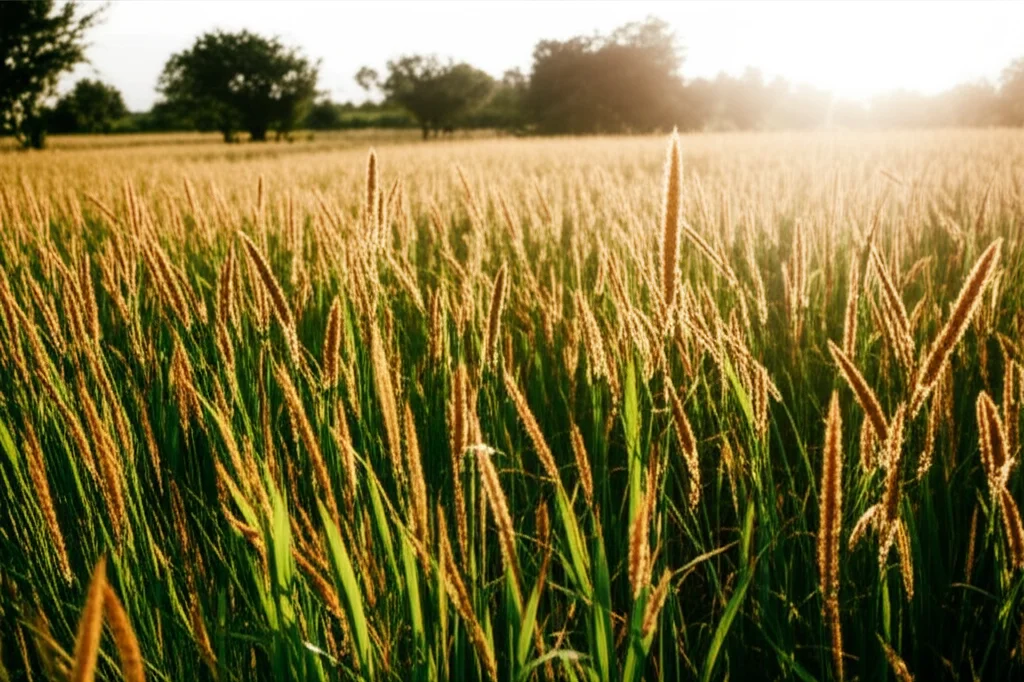 Campo rigoglioso di miglio etiope in diverse fasi di crescita, obiettivo grandangolare 24mm, luce naturale del tardo pomeriggio, per catturare l'estensione del campo e la resilienza della pianta in un paesaggio etiope.