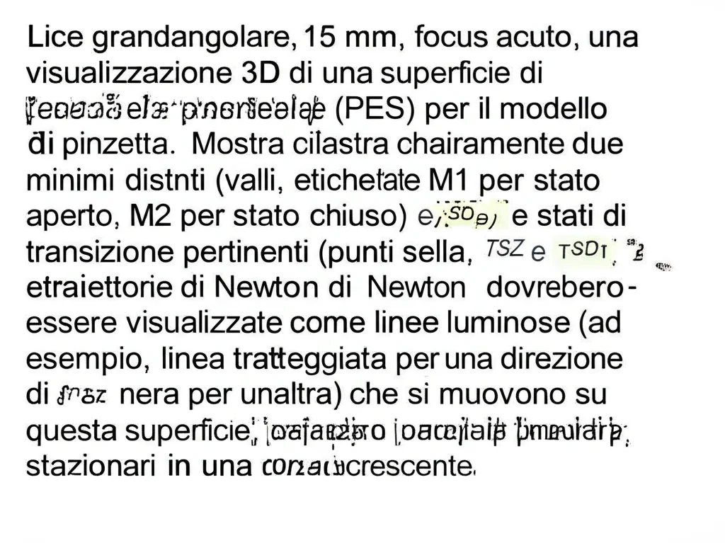 Lice grandangolare, 15 mm, focus acuto, una visualizzazione 3D di una superficie di energia potenziale (PES) per il modello di pinzetta. Mostra chiaramente due minimi distinti (valli, etichettate M1 per stato aperto, M2 per stato chiuso) e stati di transizione pertinenti (punti sella, etichettate TSZ e TSDI). Le traiettorie di Newton dovrebbero essere visualizzate come linee luminose (ad esempio, linea tratteggiata per una direzione di forza, linea nera per un'altra) che si muovono su questa superficie, indicando percorsi di punti stazionari in una forza crescente.