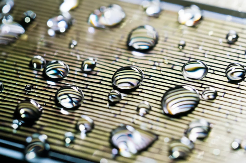 Macro fotografia di goccioline liquide che si muovono agilmente su una superficie di un chip microfluidico high-tech, illuminazione controllata per evidenziare i dettagli, focale 90mm, messa a fuoco precisa sulle gocce e sul loro movimento fluido.