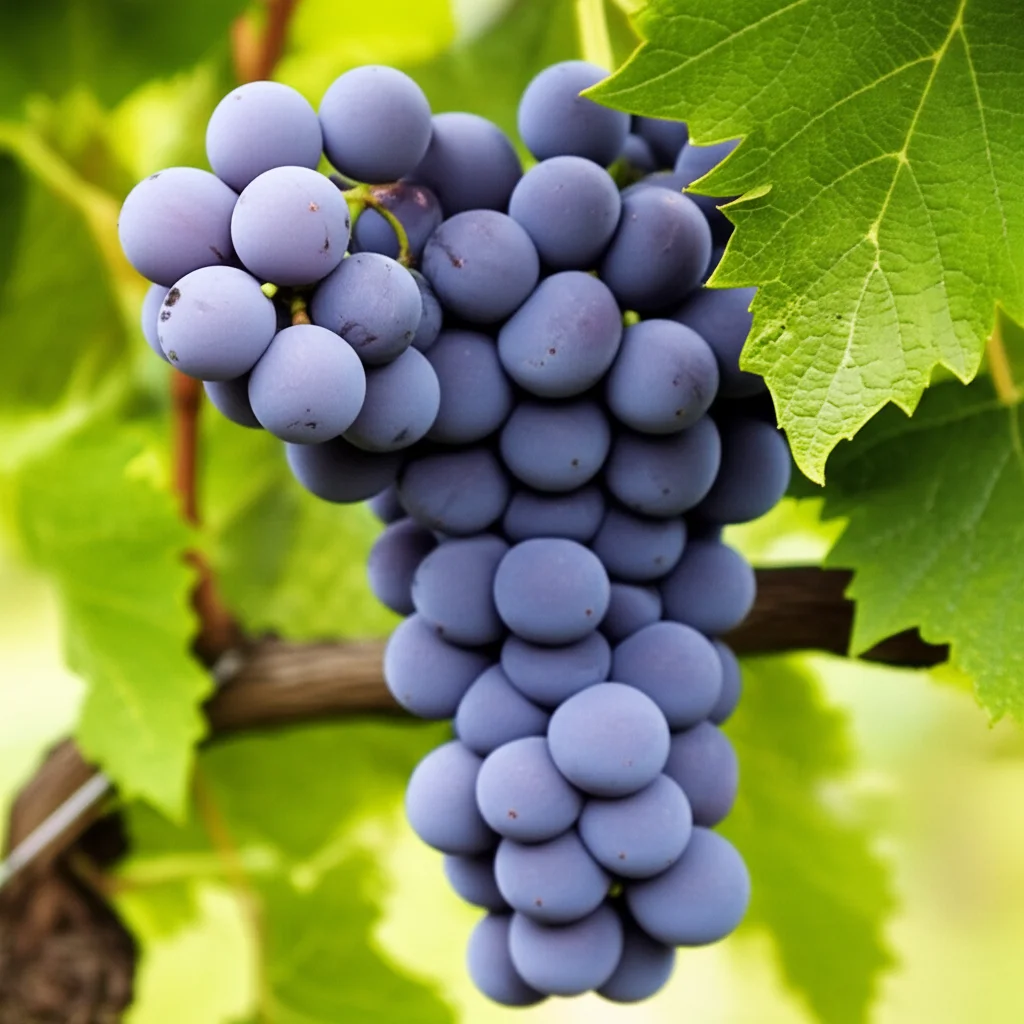 Macro lens, 85mm, high detail, controlled lighting, un grappolo d'uva rossa matura di un vitigno resistente, con acini turgidi e pruinosi, su uno sfondo sfocato di foglie di vite verdi e rigogliose in un vigneto altoatesino.