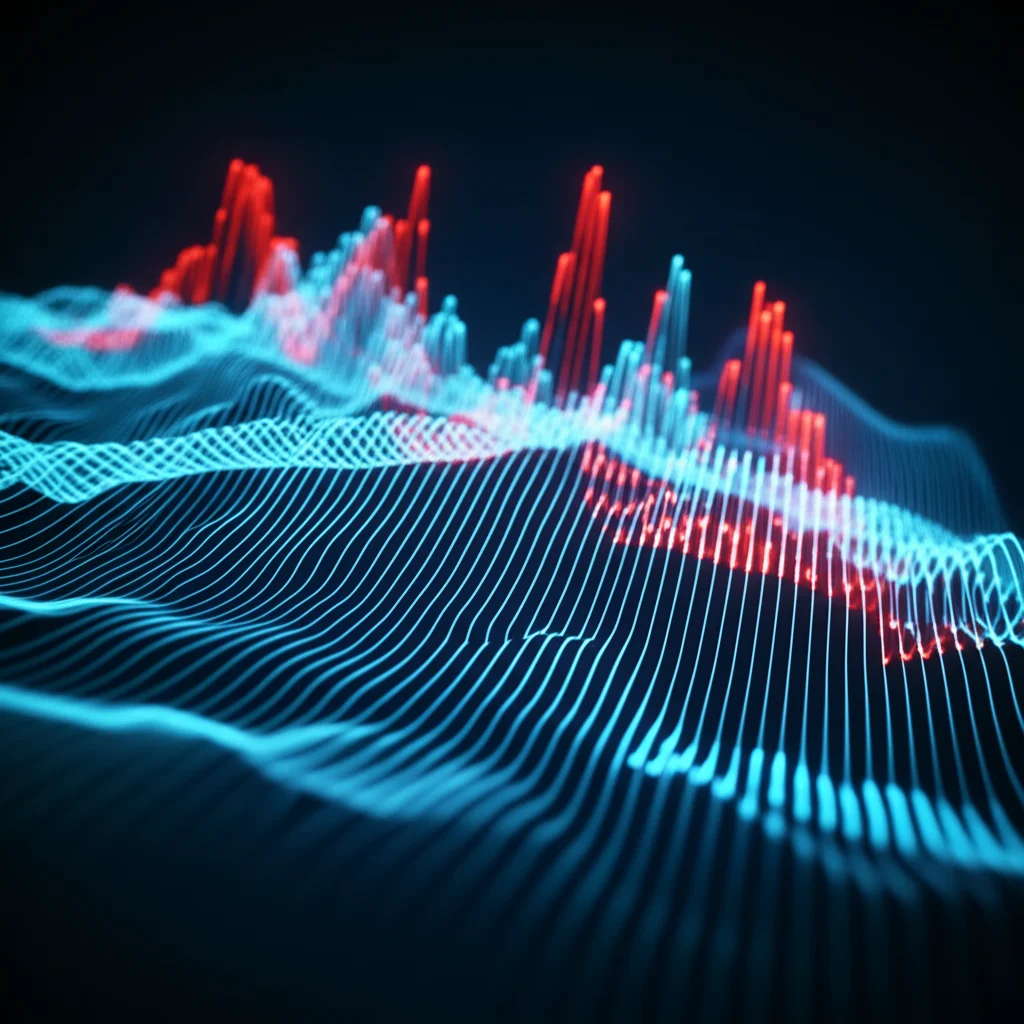 Visualizzazione dati 3D futuristica che mostra picchi anomali in una serie temporale complessa, con linee luminose che rappresentano i dati normali e picchi rossi brillanti per le anomalie. L'immagine deve avere un aspetto da interfaccia utente high-tech, con profondità di campo, colori primari blu e rosso su sfondo scuro, obiettivo grandangolare 24mm per catturare l'ampiezza della visualizzazione.