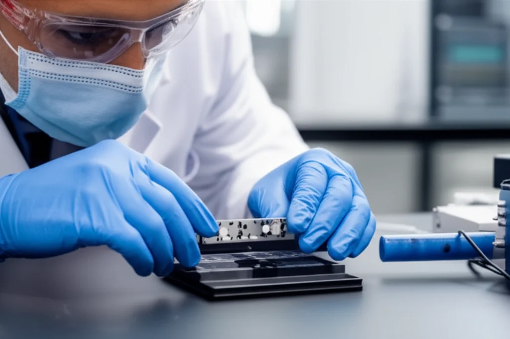 Fotografia di un ricercatore che utilizza una piattaforma microfluidica digitale magnetica compatta su un banco di laboratorio, con focus sul dispositivo e sulle mani dell'operatore che aggiungono un campione, obiettivo 35mm, profondità di campo per sfocare lo sfondo e mettere in risalto il dispositivo point-of-care.