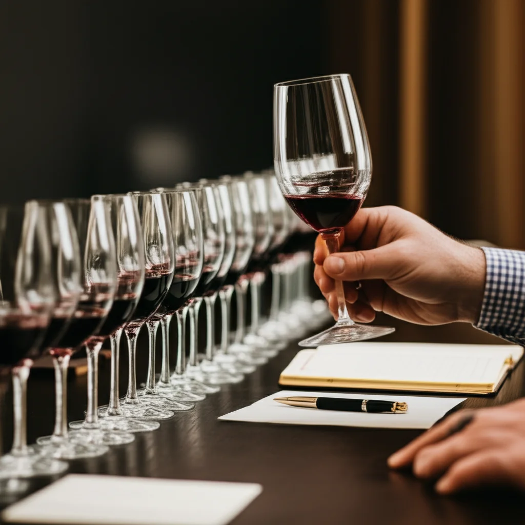 Prime lens, 50mm, depth of field, una sessione di degustazione di vini rossi con diversi calici allineati, un quaderno per appunti e una mano che solleva un calice contro luce per esaminarne il colore, in un ambiente caldo e professionale.