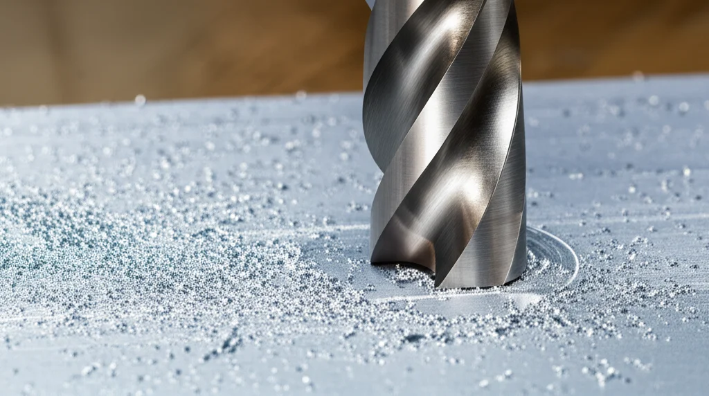 Macro fotografia di un maschio filettatore in acciaio HSS mentre lavora su una piastra metallica, con trucioli visibili e illuminazione controllata per evidenziare i dettagli della filettatura. Obiettivo macro 100mm, alta definizione, messa a fuoco precisa.