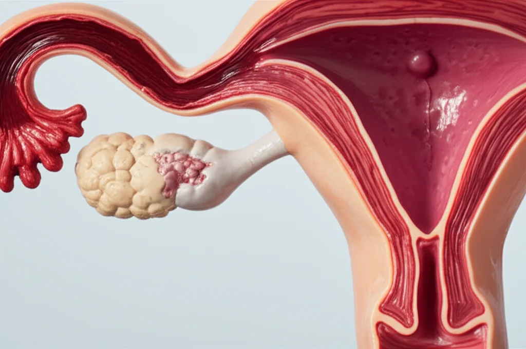 Immagine macro, un modello anatomico dell'utero femminile con evidenziate delle aderenze, illuminazione controllata per enfatizzare i dettagli, obiettivo macro da 90mm, alta definizione, su sfondo neutro per concentrare l'attenzione sull'aspetto medico-educativo.