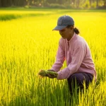 Campo di riso biologico rigoglioso nel nord-est della Thailandia all'alba, con un contadino o una contadina di mezza età, vestiti con abiti da lavoro tradizionali, che ispeziona con cura le piante di riso. Obiettivo grandangolare 10-24mm, per catturare l'ampiezza del paesaggio, luce dorata dell'alba che crea lunghe ombre, messa a fuoco nitida sulle piante in primo piano con gocce di rugiada, dettagli elevati.