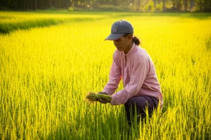 Campo di riso biologico rigoglioso nel nord-est della Thailandia all'alba, con un contadino o una contadina di mezza età, vestiti con abiti da lavoro tradizionali, che ispeziona con cura le piante di riso. Obiettivo grandangolare 10-24mm, per catturare l'ampiezza del paesaggio, luce dorata dell'alba che crea lunghe ombre, messa a fuoco nitida sulle piante in primo piano con gocce di rugiada, dettagli elevati.