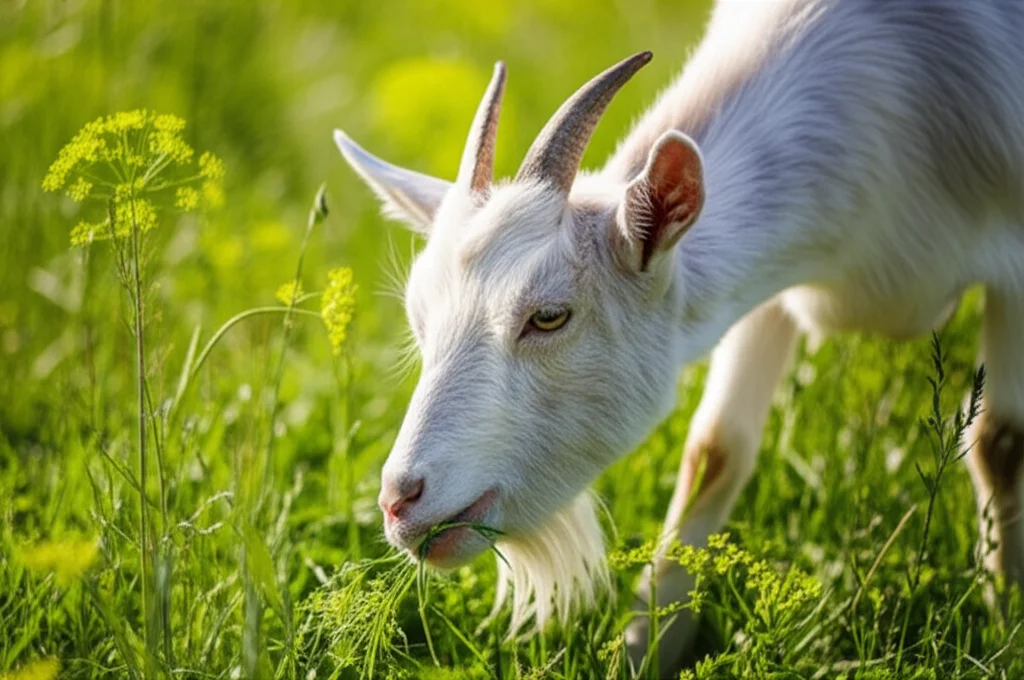 Close-up, lenti macro, 70 mm, di una capra al pascolo in un lussureggiante pascolo verde che rosicchia felicemente su erba fresca, con un sottile accenno di piante di finocchio sullo sfondo a fuoco morbido, alti dettagli, luce mattutina naturale, catturando la contentezza dell'animale.