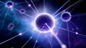 Concetto astratto di entanglement quantistico e lunghezze di coerenza in fisica nucleare, con particelle interconnesse da fili di luce eterea su uno sfondo cosmico scuro. Fotografia concettuale, obiettivo prime 35mm, profondità di campo accentuata, toni blu profondo e viola duotone, alta definizione con dettagli brillanti.