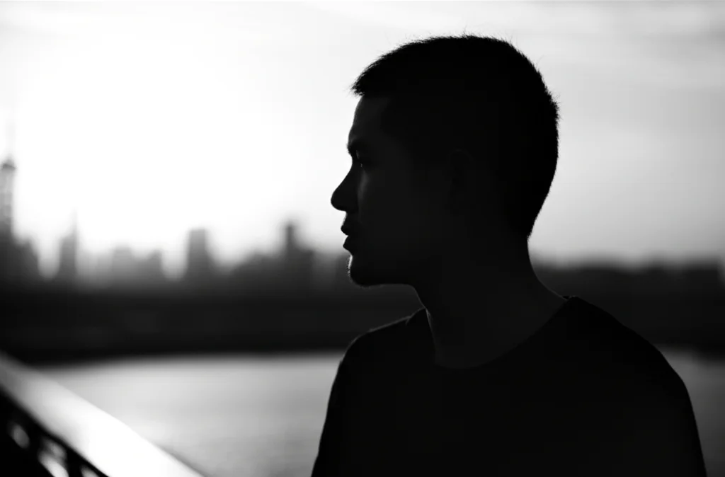 Fotografia di ritratto, un uomo migrante interno a Shenzhen, Cina, in un contesto urbano moderno ma affollato, guarda pensieroso verso l'orizzonte al tramonto, simboleggiando la riflessione sulla salute, il futuro e la prevenzione della tubercolosi latente, obiettivo 35mm, bianco e nero, profondità di campo.