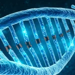 Immagine concettuale fotorealistica che mostra un modello 3D del DNA umano stilizzato, illuminato e intrecciato con circuiti luminosi blu tipici dell'intelligenza artificiale, su uno sfondo scuro astratto che rappresenta cellule gastriche viste al microscopio. Obiettivo macro 100mm, alta definizione, illuminazione drammatica laterale, profondità di campo ridotta.