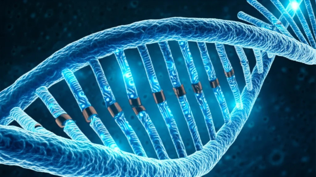 Immagine concettuale fotorealistica che mostra un modello 3D del DNA umano stilizzato, illuminato e intrecciato con circuiti luminosi blu tipici dell'intelligenza artificiale, su uno sfondo scuro astratto che rappresenta cellule gastriche viste al microscopio. Obiettivo macro 100mm, alta definizione, illuminazione drammatica laterale, profondità di campo ridotta.